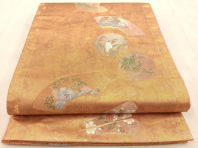 平和屋着物◎六通柄袋帯　唐織　扇花鳥文　金糸　正絹　逸品　BAAU8429yc