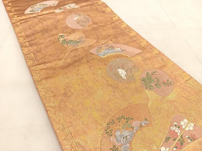 平和屋着物◎六通柄袋帯　唐織　扇花鳥文　金糸　正絹　逸品　BAAU8429yc