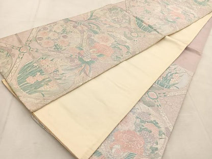 平和屋着物◎六通柄袋帯　唐織　鳳凰格天井花丸文　銀糸　正絹　逸品　BAAU8438yc