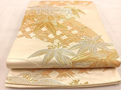 平和屋着物◎六通柄袋帯　籠笹の葉文　金銀糸　正絹　逸品　BAAU8440yc