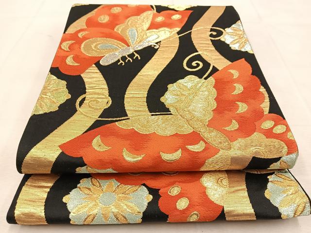 平和屋着物◎六通柄袋帯　立涌花蝶文　黒地　金銀糸　正絹　逸品　BAAU8442yc