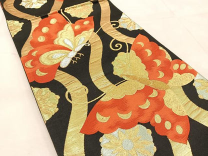 平和屋着物◎六通柄袋帯　立涌花蝶文　黒地　金銀糸　正絹　逸品　BAAU8442yc