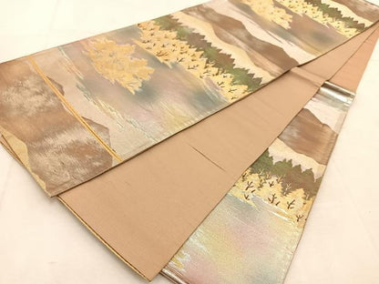 平和屋着物◎六通柄袋帯　遠山樹林文　金銀糸　引箔　正絹　逸品　BAAU8448yc