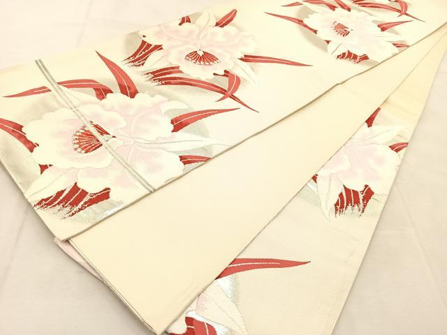 平和屋着物◎六通柄袋帯　唐織　カトレア　銀糸　正絹　逸品　BAAU8451yc