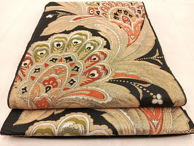 平和屋着物◎六通柄　本袋帯　唐織　更紗花文　黒地　金糸　BAAU8455yc