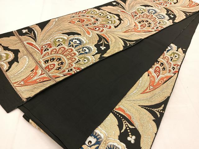平和屋着物◎六通柄　本袋帯　唐織　更紗花文　黒地　金糸　BAAU8455yc