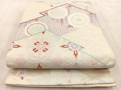平和屋着物◎六通柄袋帯　唐織　松皮菱花鳥文　銀糸　正絹　逸品　BAAU8489yc