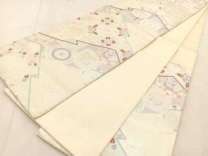 平和屋着物◎六通柄袋帯　唐織　松皮菱花鳥文　銀糸　正絹　逸品　BAAU8489yc