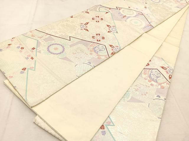 平和屋着物◎六通柄袋帯　唐織　松皮菱花鳥文　銀糸　正絹　逸品　BAAU8489yc