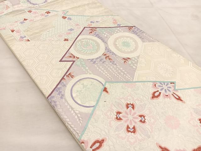 平和屋着物◎六通柄袋帯　唐織　松皮菱花鳥文　銀糸　正絹　逸品　BAAU8489yc
