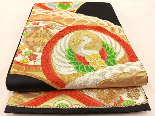 平和屋着物◎六通柄袋帯　唐織　飛鶴花蝶文　黒地　金銀糸　正絹　逸品　BAAU8491yc