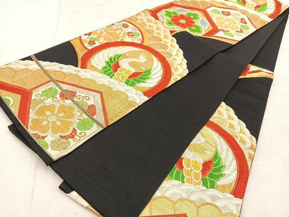 平和屋着物◎六通柄袋帯　唐織　飛鶴花蝶文　黒地　金銀糸　正絹　逸品　BAAU8491yc
