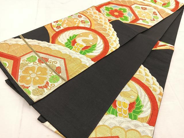 平和屋着物◎六通柄袋帯　唐織　飛鶴花蝶文　黒地　金銀糸　正絹　逸品　BAAU8491yc