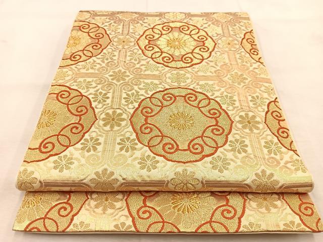 平和屋着物◎六通柄　本袋帯　白馬錦　格天井菊花文　金糸　正絹　逸品　BAAU8498yc