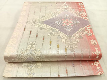 平和屋着物◎六通柄袋帯　唐織　更紗花菱文　銀糸　正絹　逸品　BAAU8499yc
