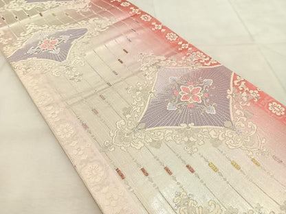 平和屋着物◎六通柄袋帯　唐織　更紗花菱文　銀糸　正絹　逸品　BAAU8499yc