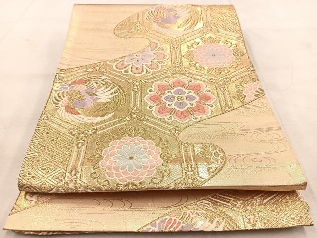 平和屋着物◎六通柄袋帯　唐織　鳳凰亀甲花文　金糸　正絹　逸品　BAAU8505yc