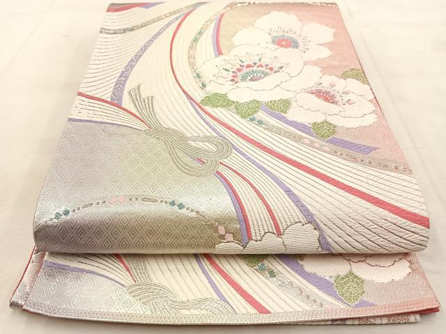 平和屋着物◎六通柄袋帯　唐織　熨斗花文　銀糸　正絹　逸品　BAAU8514yc