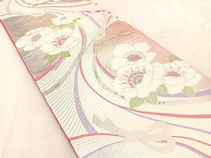 平和屋着物◎六通柄袋帯　唐織　熨斗花文　銀糸　正絹　逸品　BAAU8514yc