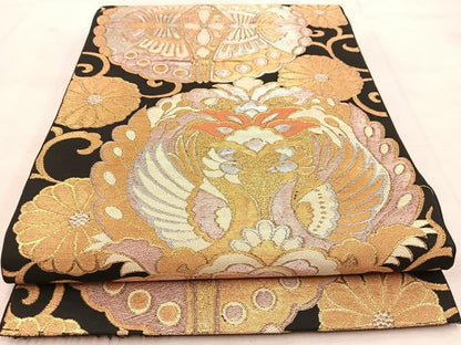 平和屋着物◎六通柄 本袋帯 正絹 向かい動物更紗 黒地 金銀糸 正絹 逸品 BAAU8517yc