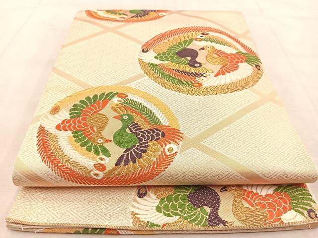 平和屋着物◎六通柄　本袋帯　唐織　向かい鳳凰丸文　金糸　正絹　逸品　BAAU8518yc
