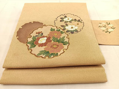 平和屋着物●九寸名古屋帯 手描き 雪輪花文 香色 金彩 鬼しぼ縮緬 正絹 逸品 BAAU8527yc