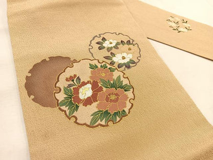 平和屋着物●九寸名古屋帯 手描き 雪輪花文 香色 金彩 鬼しぼ縮緬 正絹 逸品 BAAU8527yc