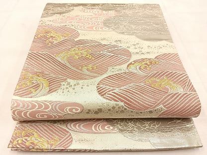 平和屋着物◎六通柄袋帯 唐織 プラチナ箔 雲取り立波文 正絹 逸品 BAAU8533yc