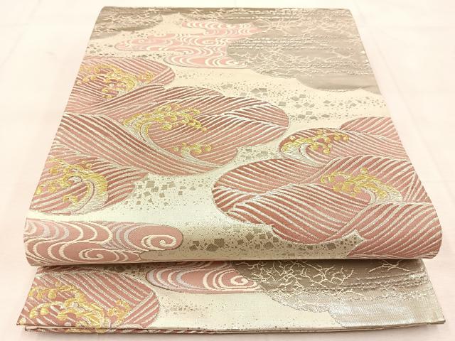 平和屋着物◎六通柄袋帯 唐織 プラチナ箔 雲取り立波文 正絹 逸品 BAAU8533yc