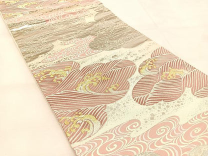平和屋着物◎六通柄袋帯 唐織 プラチナ箔 雲取り立波文 正絹 逸品 BAAU8533yc