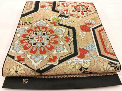 平和屋着物◎六通柄　本袋帯　唐織　亀甲正倉院花文　黒地　金糸　BAAU8539yc