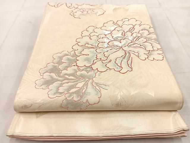 平和屋着物◎六通柄袋帯　牡丹　銀糸　正絹　逸品　BAAU8553yc
