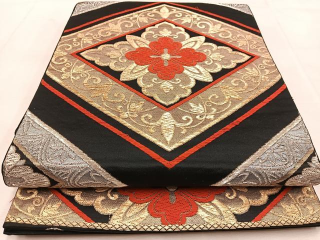平和屋着物◎六通柄 本袋帯 唐織 花菱文 黒地 金銀糸 正絹 逸品 BAAU8559yc