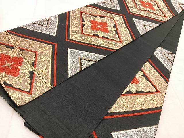 平和屋着物◎六通柄 本袋帯 唐織 花菱文 黒地 金銀糸 正絹 逸品 BAAU8559yc