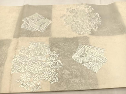 平和屋着物◎太鼓柄袋帯　鳳凰花文　銀糸　引箔　正絹　逸品　BAAU8565yc