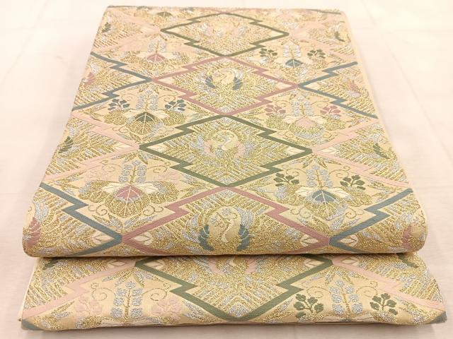 平和屋着物◎六通柄袋帯 唐織 松皮菱花鳥文 金銀糸 正絹 逸品 BAAU8571yc