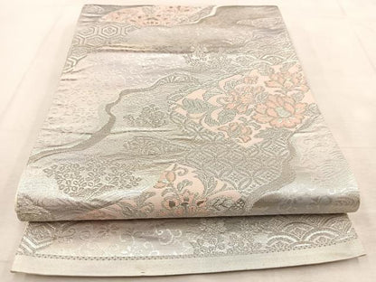平和屋着物◎六通柄袋帯 道長吉祥花文 銀糸 引箔 正絹 逸品 BAAU8578yc