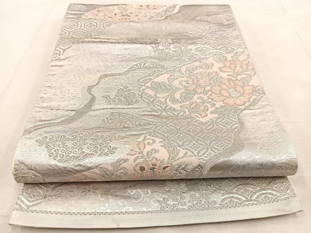 平和屋着物◎六通柄袋帯 道長吉祥花文 銀糸 引箔 正絹 逸品 BAAU8578yc