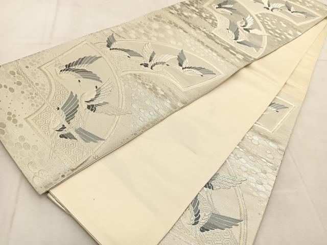 平和屋着物◎六通柄袋帯 唐織 地紙飛鶴文 銀糸 正絹 逸品 BAAU8582yc