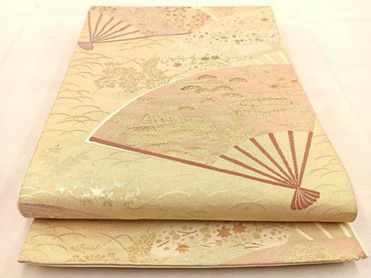 平和屋着物◎六通柄袋帯　扇面風景秋草文　金糸　正絹　逸品　BAAU8586yc