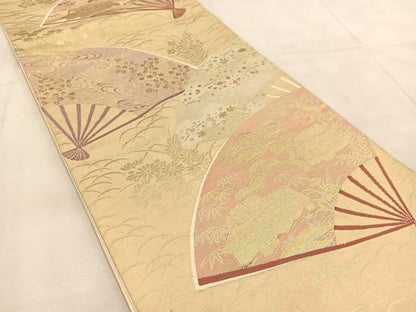 平和屋着物◎六通柄袋帯　扇面風景秋草文　金糸　正絹　逸品　BAAU8586yc