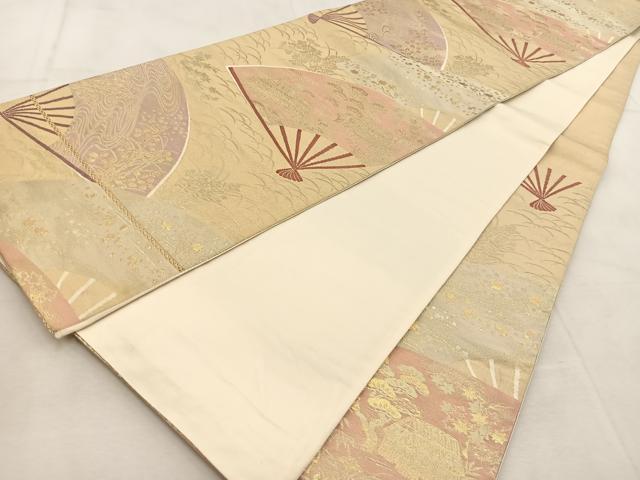 平和屋着物◎六通柄袋帯　扇面風景秋草文　金糸　正絹　逸品　BAAU8586yc