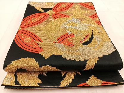 平和屋着物◎六通柄袋帯 向かい鳳凰七宝花菱文 黒地 金銀糸 正絹 逸品 BAAU8589yc