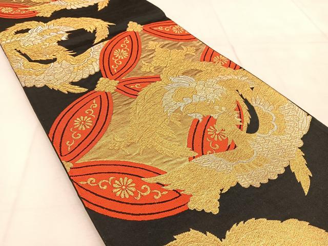 平和屋着物◎六通柄袋帯 向かい鳳凰七宝花菱文 黒地 金銀糸 正絹 逸品 BAAU8589yc