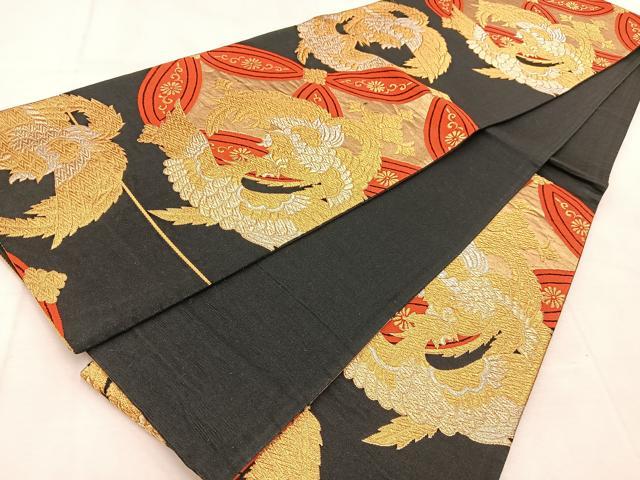 平和屋着物◎六通柄袋帯 向かい鳳凰七宝花菱文 黒地 金銀糸 正絹 逸品 BAAU8589yc