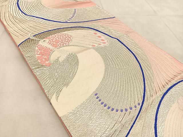 平和屋着物◎六通柄袋帯　唐織　孔雀　銀糸　正絹　逸品　BAAU8595yc