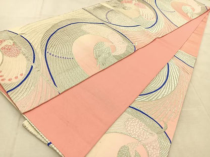平和屋着物◎六通柄袋帯　唐織　孔雀　銀糸　正絹　逸品　BAAU8595yc