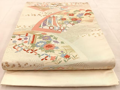 平和屋着物◎六通柄袋帯　唐織　扇面王朝文　金糸　正絹　逸品　BAAU8600yc