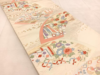 平和屋着物◎六通柄袋帯　唐織　扇面王朝文　金糸　正絹　逸品　BAAU8600yc