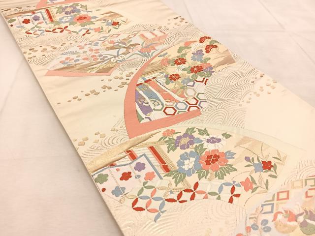 平和屋着物◎六通柄袋帯　唐織　扇面王朝文　金糸　正絹　逸品　BAAU8600yc